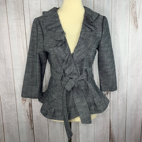 Harve Benard Jackets & Blazers - Harve B. Gray Ruffle Career Jacket Belted Waist 6